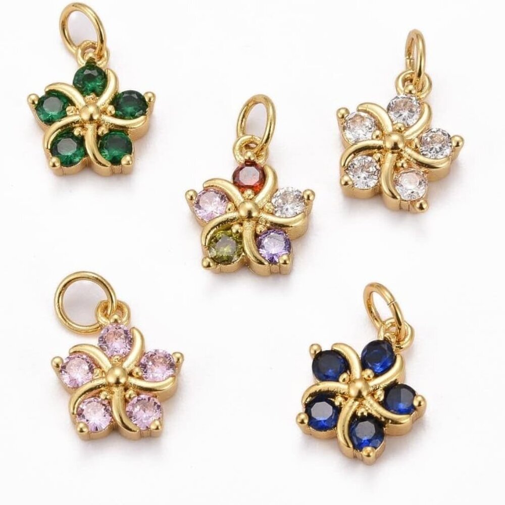 Cubic Zirconia Random Flower Charms - Real Gold Plated Floral Petal Crystal Char